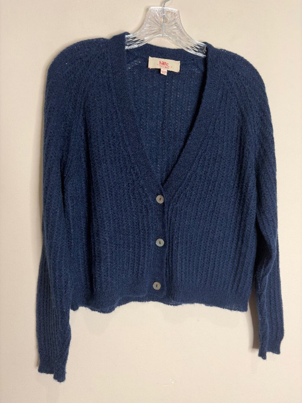 Kilte Collection The Philomena Cashmere Mohair Wool Cardigan Pointelle Crop Navy
